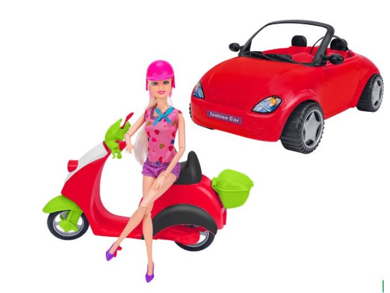 Bambola con auto cabrio e scooter