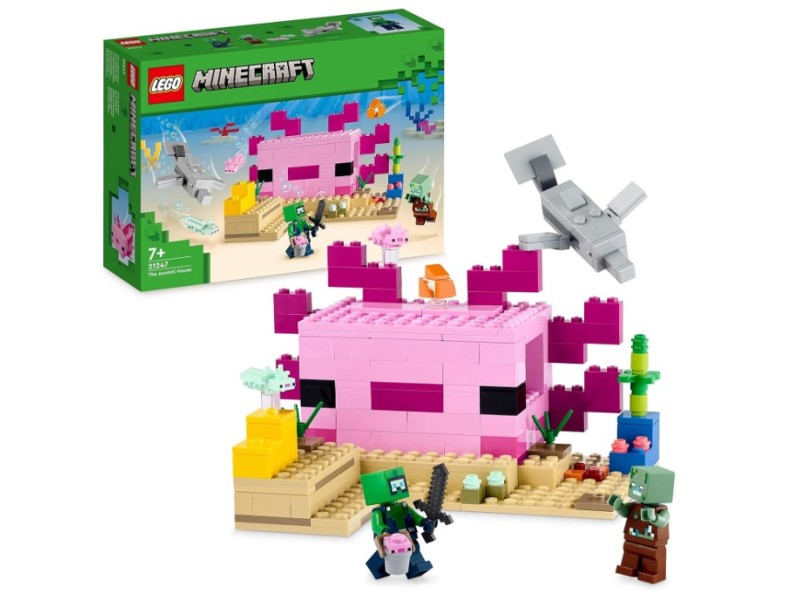 LEGO Minecraft La Casa dell’Axolotl Sommersa con esploratore subacqueo zombie affogato e delfino 21247